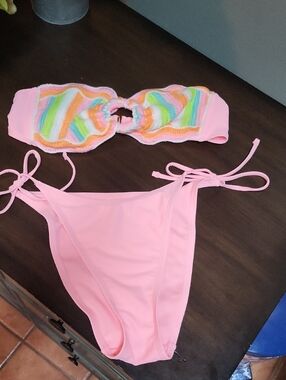 No Boundaries Pink Crochet-Trim Bandeau Bikini
